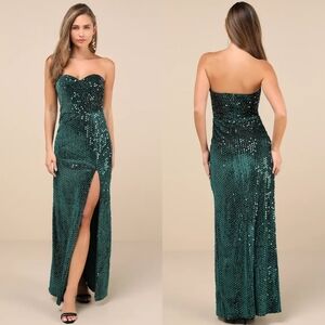 Lulus Memorable Sparkle Emerald Green Velvet Sequin Maxi Dress XS Wedding Party
